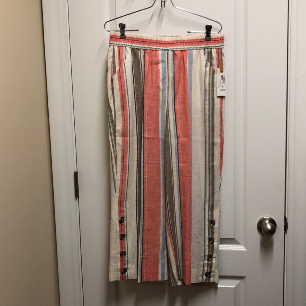 Coral striped linen blend pants
